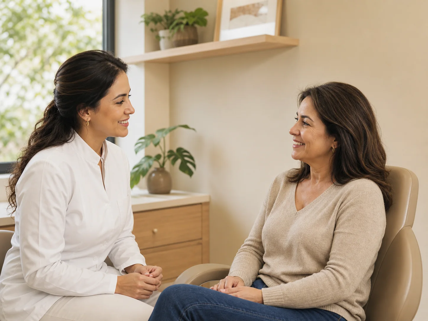 Dentista conversando com uma mulher sentada em uma cadeira, em consultório claro e acolhedor.