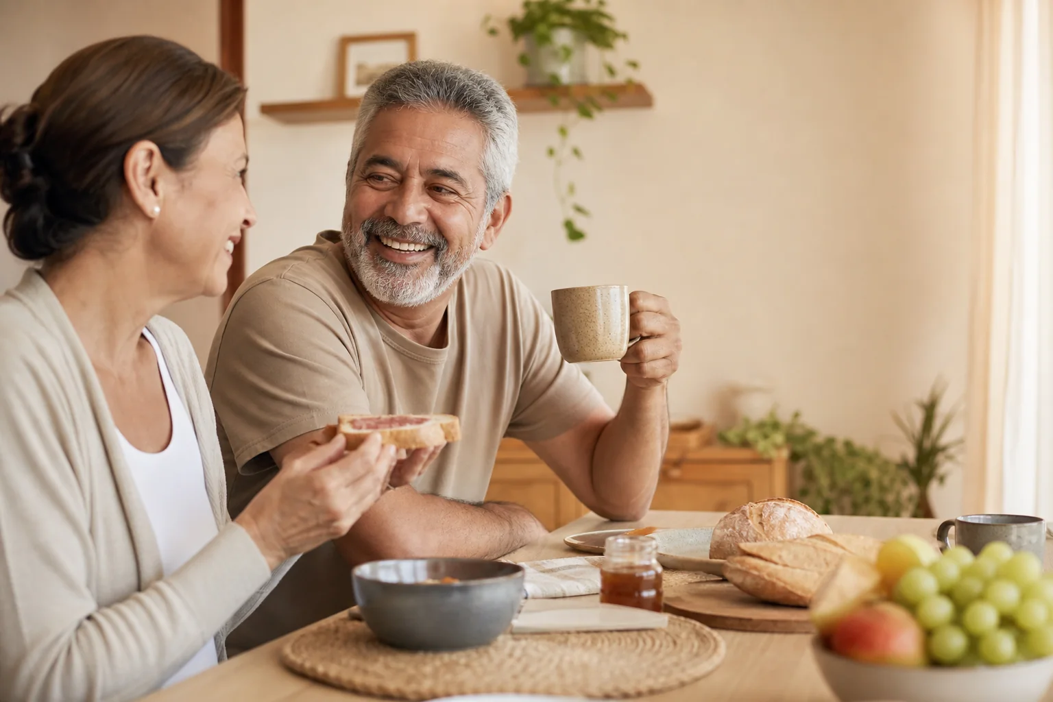 Casal adulto sorrindo durante um café da manhã em casa, em clima tranquilo.
